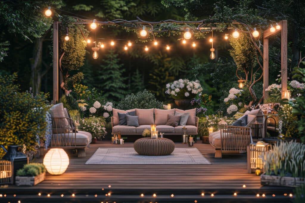 Cozy outdoor lounge with string lights, cushioned seating, and lush greenery creating a serene backyard setting. Perfect inspiration to turn your backyard into a relaxing haven.