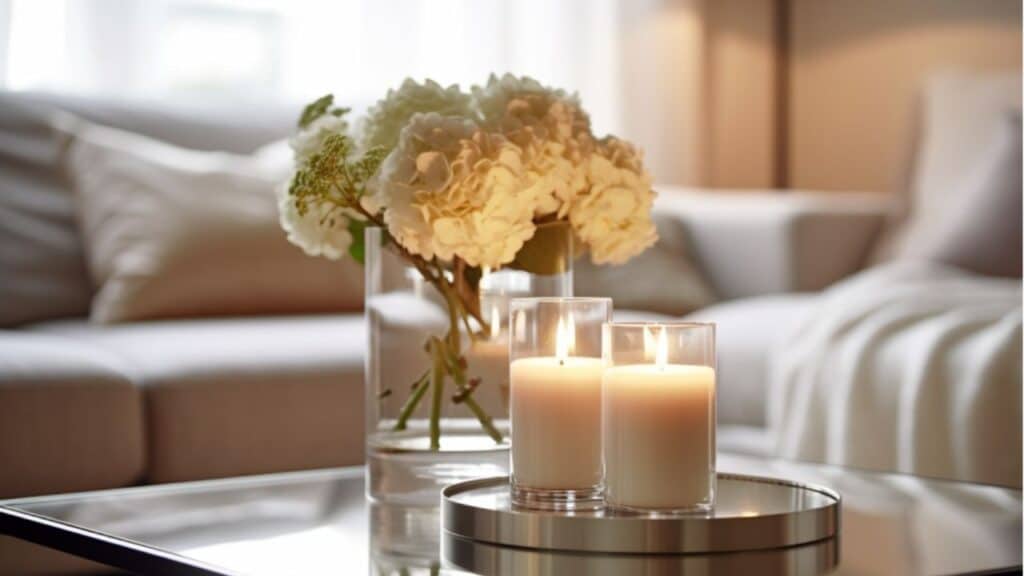 Two lit candles and white hydrangeas in glass vases create an elegant centerpiece to elevate your home decor.