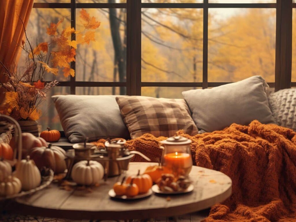 A cozy reading nook by a large window features soft gray and plaid pillows, a chunky burnt-orange blanket, and a rustic table set with mini pumpkins, brass tea accessories, and a glowing candle. Golden autumn trees outside complete the perfect cozy autumn retreat atmosphere.