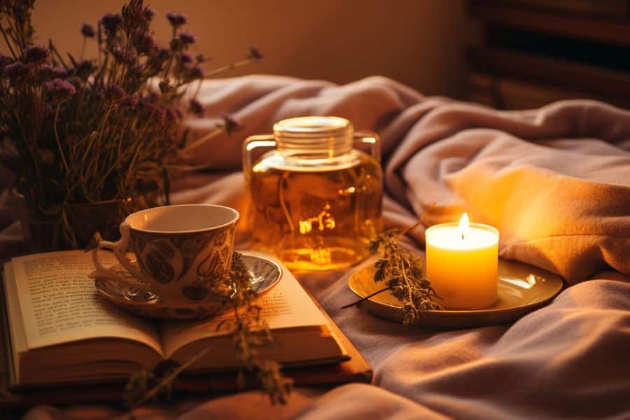 A cozy bedtime setup featuring a lit candle, a floral teacup on an open book, a jar of herbal tea labeled “Mrs,” and a vase of purple wildflowers, all resting on soft blankets. This relaxing ambiance captures the essence of nightly rituals that rewind the clock on aging.
