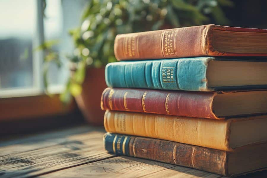 A small stack of vintage hardback books in warm tones sits on a wooden table by a sunny window, ideal for selling as a bundle on Facebook Marketplace.