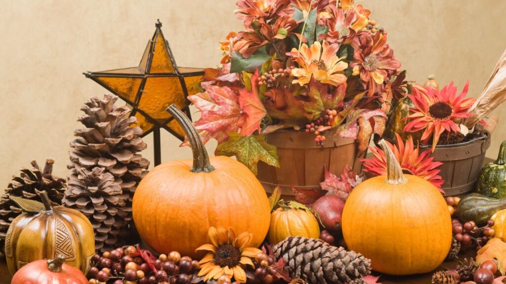 An Autumn display with pumpkins and flowers with pinecones.