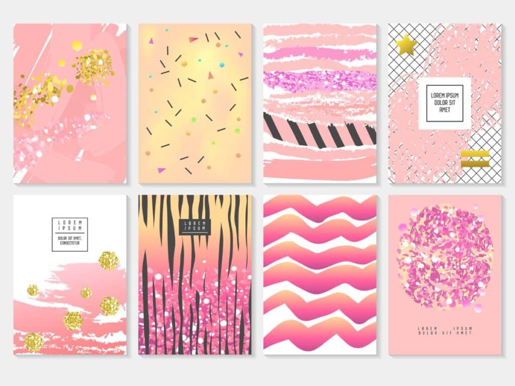A grid of eight pink and gold abstract greeting card or print designs with placeholder text. Highlights digital art or printable sales as creative smart side hustles.