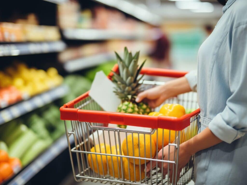 A person wearing a light denim shirt pushes a shopping cart filled with fresh produce including pineapples and yellow bell peppers in the produce section of a grocery store.