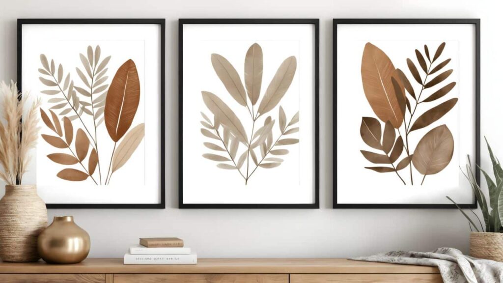 Three framed prints of abstract brown and beige leaf designs hanging above a wooden console with decorative vases. Neutral-toned artwork adds elegance to a cozy autumn retreat interior.