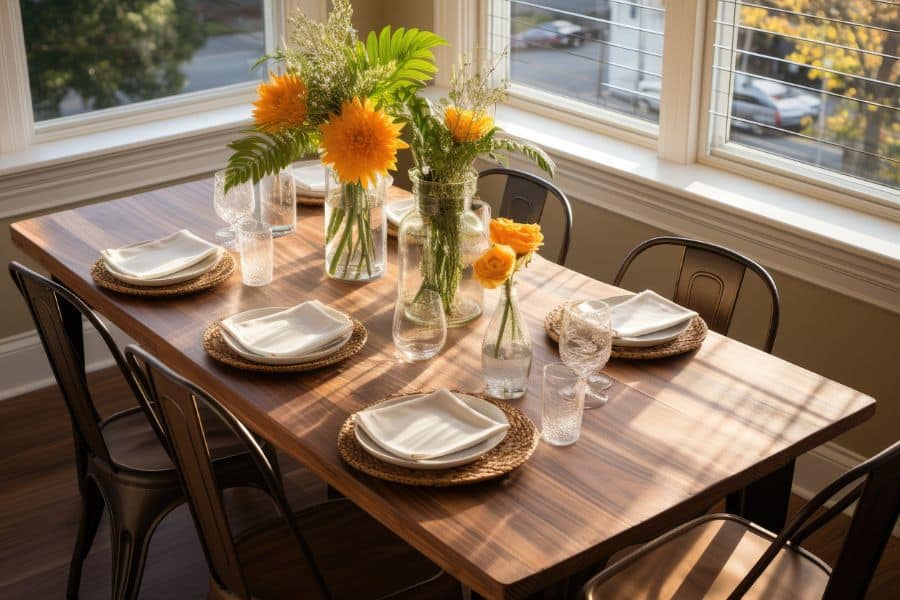 A dining table set for six with woven placemats, clear glasses, and vases of yellow flowers sits in a sunlit room, perfect for a home decor Facebook Marketplace photo.
