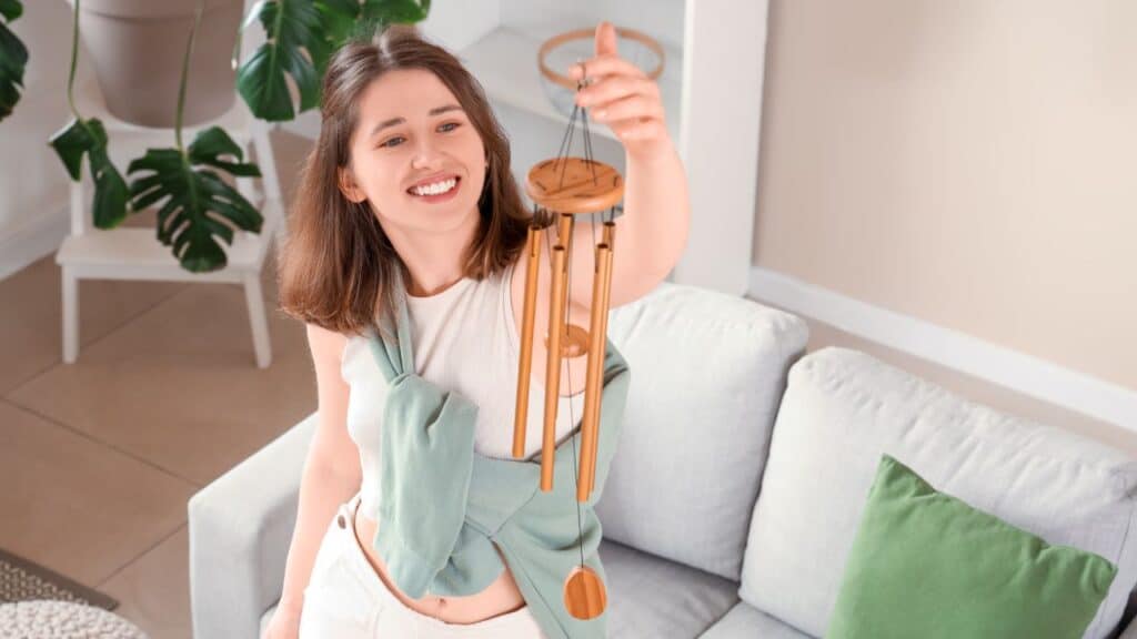 Smiling woman holding a wooden wind chime, a popular Feng Shui tip for attracting positive energy and harmony.
