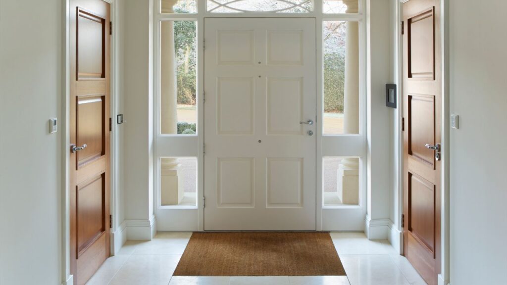Elegant front door with glass panels and a natural fiber doormat, an inviting entrance designed with Feng Shui tips in mind.