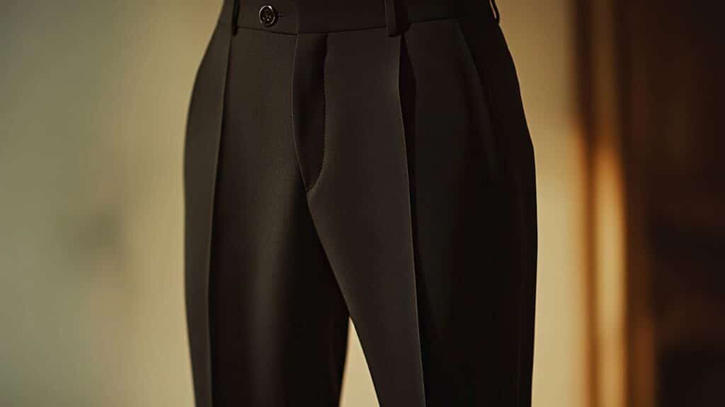 Close-up of black formal pants with awkward creases, illustrating a common fashion faux pas caused by poor fit or fabric choice.