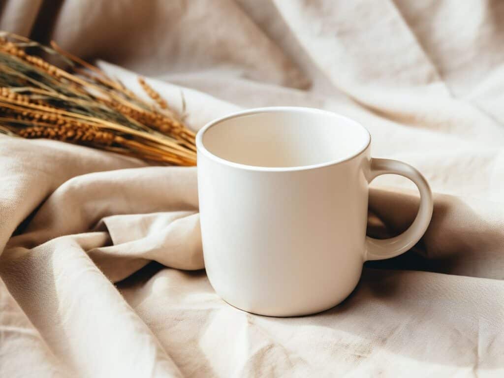 A plain white ceramic mug resting on soft beige fabric next to dried wheat stalks in natural lighting. Could symbolize product photography or Etsy shop items tied to smart side hustles.