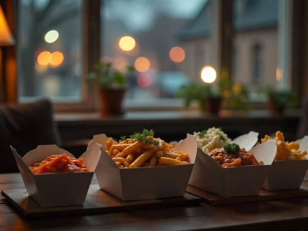 Four takeout boxes filled with different meals such as fries, pasta, and rice are placed on a wooden table by a cozy window with bokeh lights in the background.