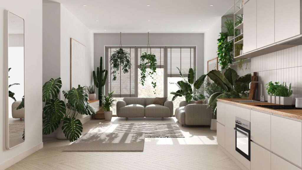 Bright open-plan living area filled with lush green plants and neutral furniture, designed for positive energy flow based on Feng Shui tips.