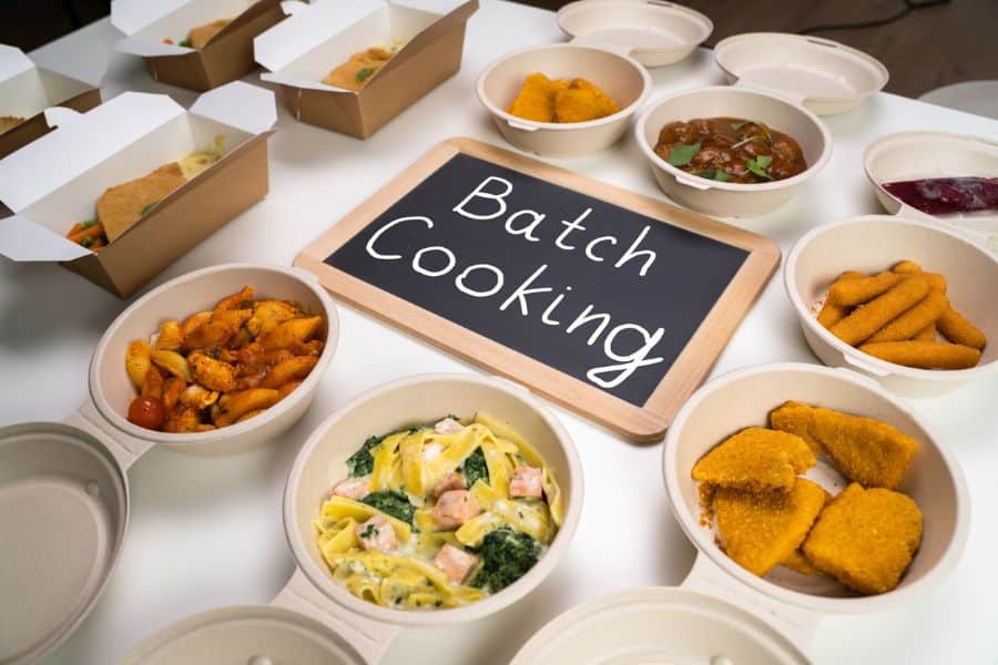 A table full of prepped meals in containers with a chalkboard sign reading “Batch Cooking,” showing batch cooking as one of the practical ways to save money on food.