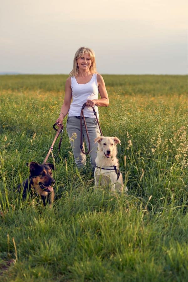 A woman stands in a field of tall grass holding leashes for two dogs, suggesting dog walking as a retiree-friendly job that offers flexibility and outdoor activity.