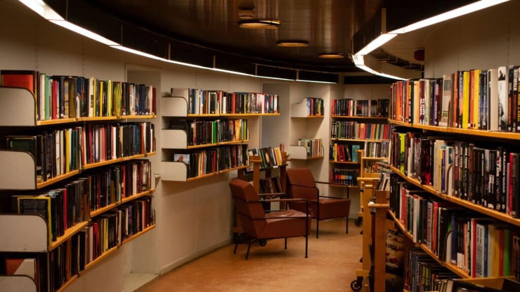 A warm library corner with bookshelves packed with colorful books, two brown armchairs, and a reading cart between them.