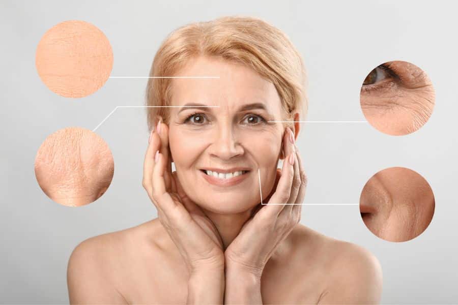 A smiling middle-aged woman touches her face while close-ups highlight skin texture and signs of aging. The image illustrates how skincare routines and natural treatments can work as practical anti aging hacks.