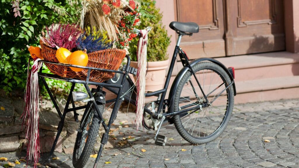 A black bicycle with a large wicker basket on the back filled with colorful dried flowers, wheat stalks, small pumpkins, and ribbons, parked on a cobblestone path. This playful and rustic setup adds a creative twist to fall porch decor.