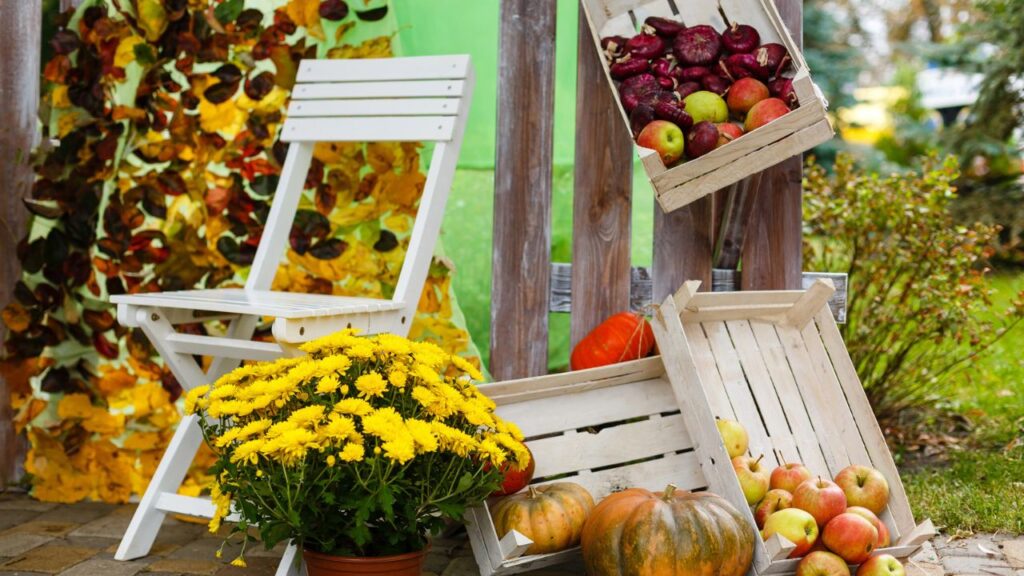 A white wooden chair next to crates spilling over with apples, onions, pumpkins, and a potted yellow chrysanthemum, all set against a leafy autumn backdrop. This bright and bountiful scene captures the harvest vibe of fall porch decor.