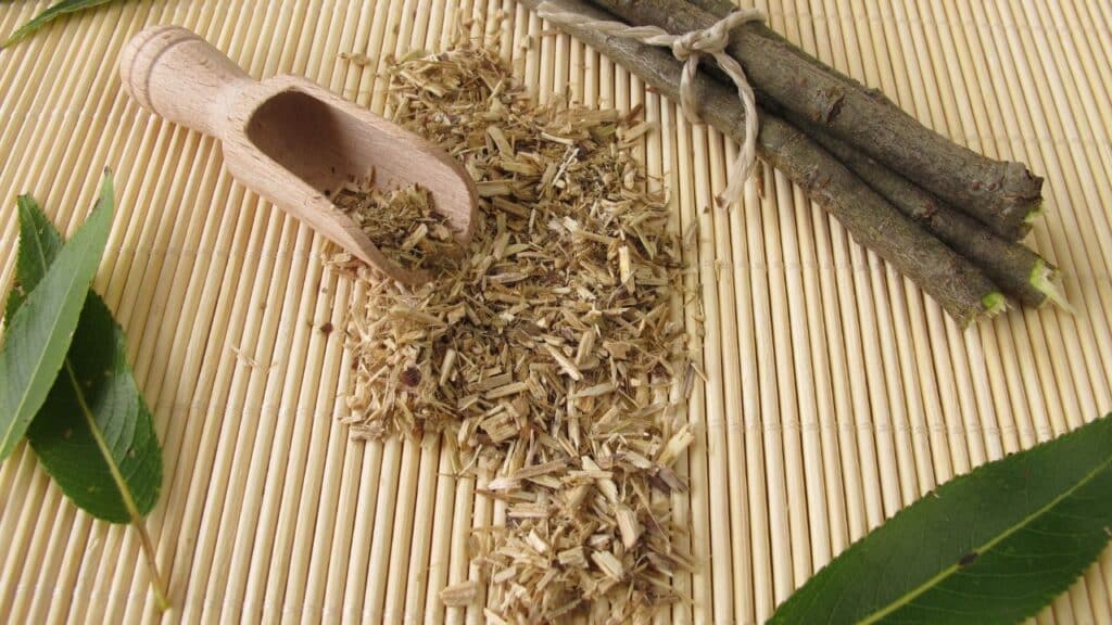 White willow bark sticks tied with twine and a wooden scoop spilling shredded bark onto a bamboo mat. Known as nature’s aspirin, white willow is a staple in vintage remedies for pain and fever relief.