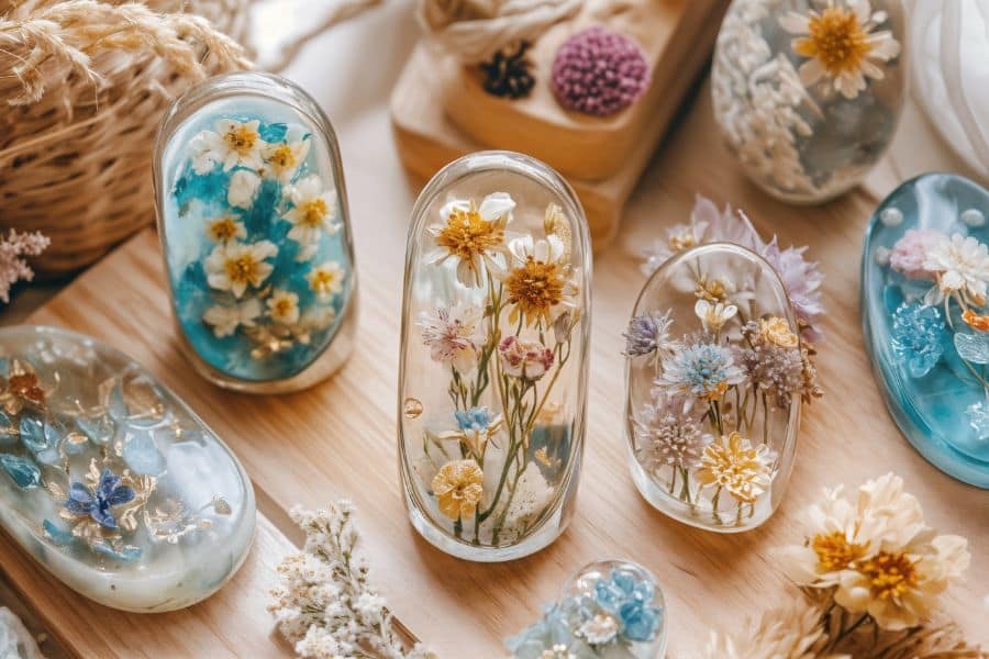 A collection of handcrafted resin art pieces featuring dried flowers and pastel colors, displayed on a wooden surface. These delicate creations represent creative hobbies often enjoyed by American retirees.