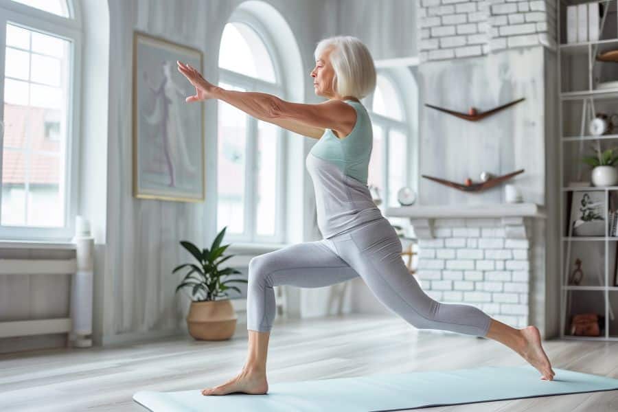 Senior woman practicing yoga in a bright living room, showcasing the growing trend of mindful movement and at-home fitness.
