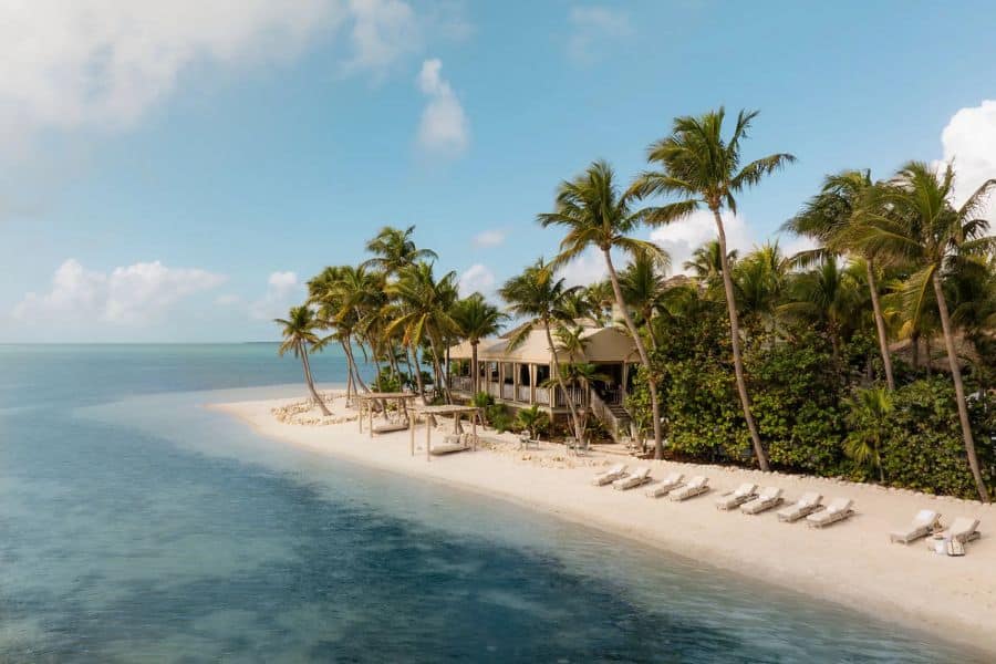 Aerial view of a quiet beach resort with rows of lounge chairs and palm trees lining the sand, showing secluded coastal relaxation at All-Inclusive Resorts in the US.