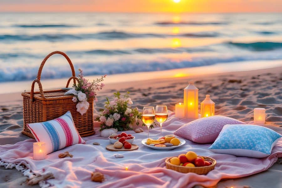 A romantic picnic setup on the beach at sunset with wine, fresh fruit, and elegant decor. Leisurely outdoor meals and quality food are key cultural elements in exploring why the French are living longer than the Americans.