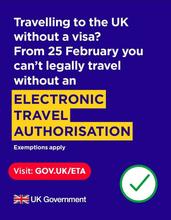 UK Government graphic with bold text warning travelers that from 25 February they cannot enter the UK without an Electronic Travel Authorisation, as part of the New UK Travel Rules.
