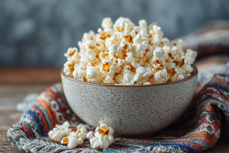 A rustic ceramic bowl filled with fluffy white popcorn sits on a colorful woven cloth. Popcorn is a high-antioxidant snack included among the 7 Foods That Actively Fight Wrinkles.