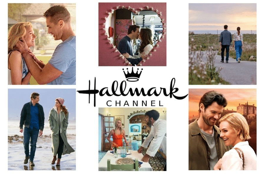 A collage of romantic scenes from various Hallmark films shows couples sharing intimate moments in picturesque locations, with the Hallmark Channel logo at the center. These dreamy backdrops and heartfelt connections highlight the charm of 7 Hallmark Movies Set in Europe.