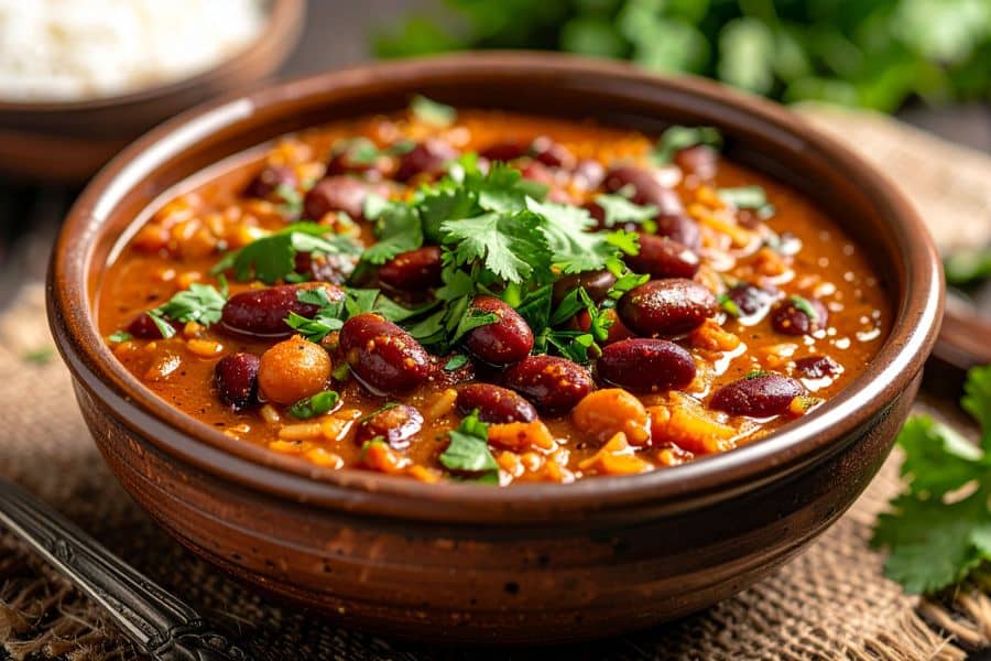 A hearty bowl of bean chili topped with fresh cilantro, filled with kidney beans, chickpeas, and lentils in a spiced tomato base. Legumes like these are among the top superfoods that help slow the aging process.