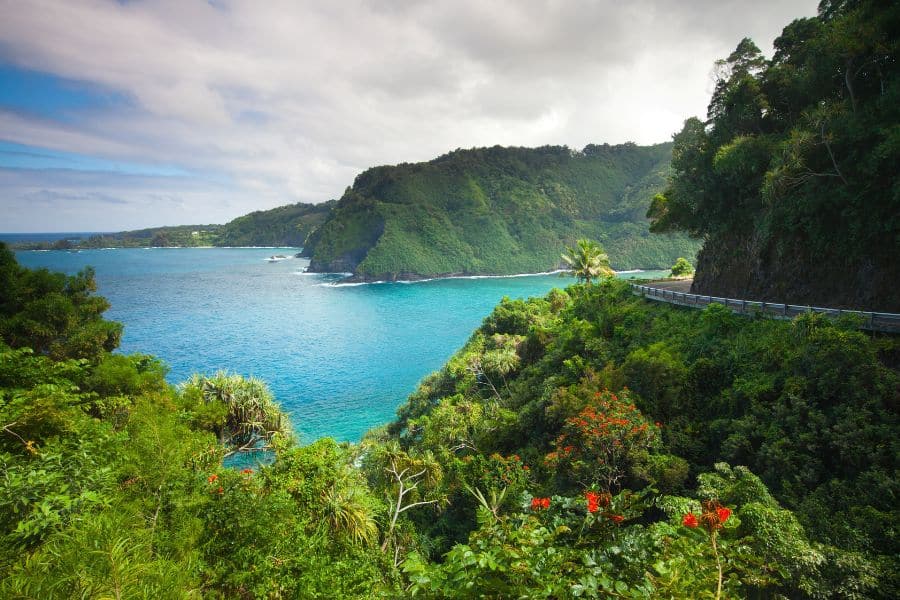 Scenic coastal drive along the Road to Hana in Maui, with lush cliffs and turquoise waters stretching into the distance. This famous drive is a must-experience Bucket List Destination to Visit.