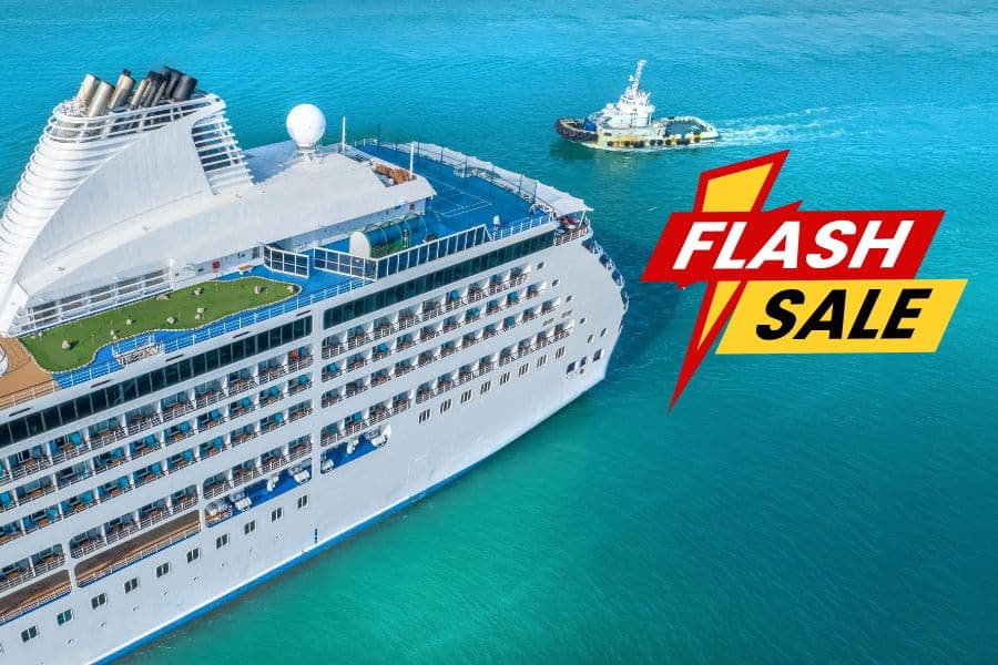 Cruise ship with “Flash Sale” text graphic, reminding travelers that ignoring last-minute deals is one of the Mistakes To Avoid On Your Next Cruise.