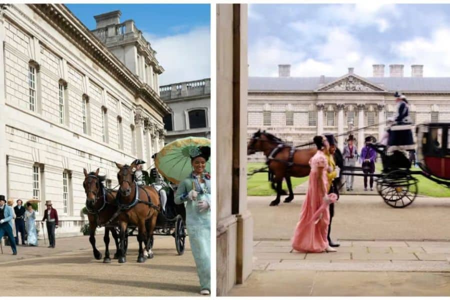 Split image showing Regency-dressed characters and horse-drawn carriages outside the Old Royal Naval College. This frequently used filming site is one of the most recognizable Bridgerton locations for street and arrival scenes.