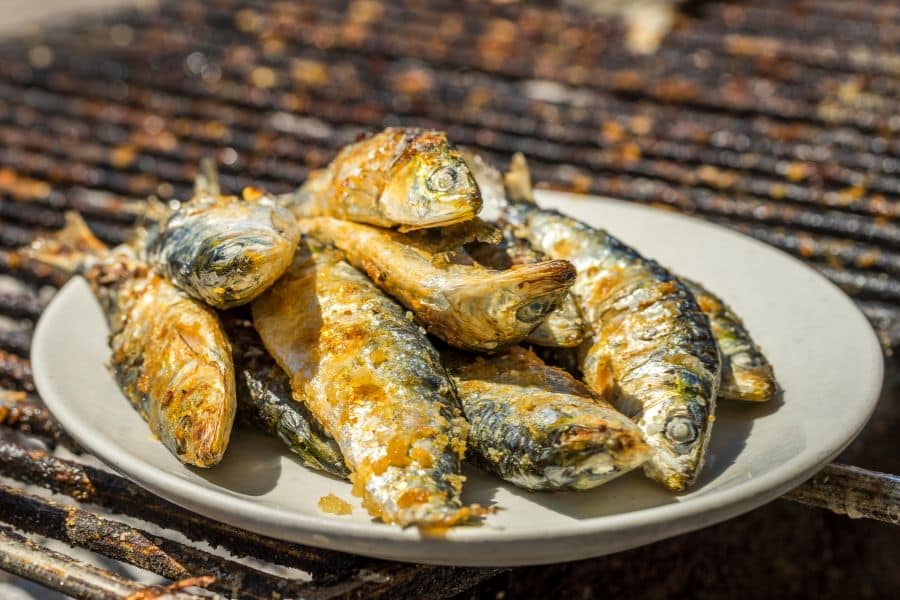 A plate of grilled sardines on an outdoor barbecue grill, their skin crisped and golden. Sardines are rich in omega-3 fatty acids and considered among the top superfoods that help slow the aging process.