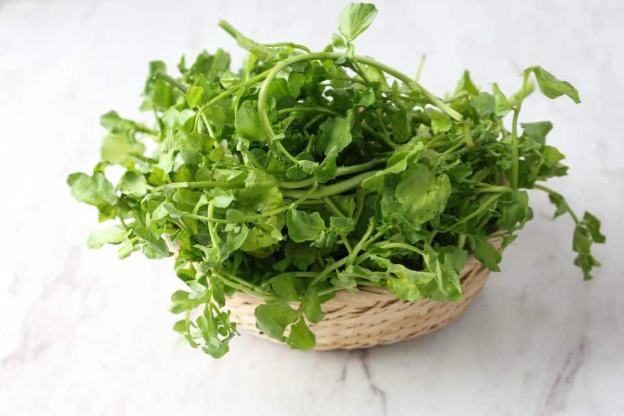 A small wicker basket filled with fresh, leafy green watercress. Watercress is a nutrient-dense leafy green that ranks among the 7 Foods That Actively Fight Wrinkles.