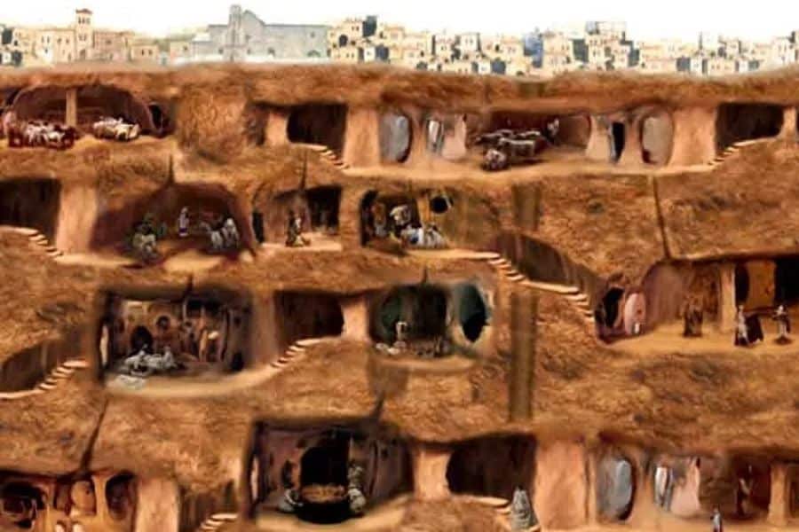 Multi level cave dwellings carved into sandstone cliffs with small rooms, stairways, and people gathered inside, illustrating how communities once lived in Underground Cities in Europe. The open facade reveals daily life unfolding within the rock carved homes.