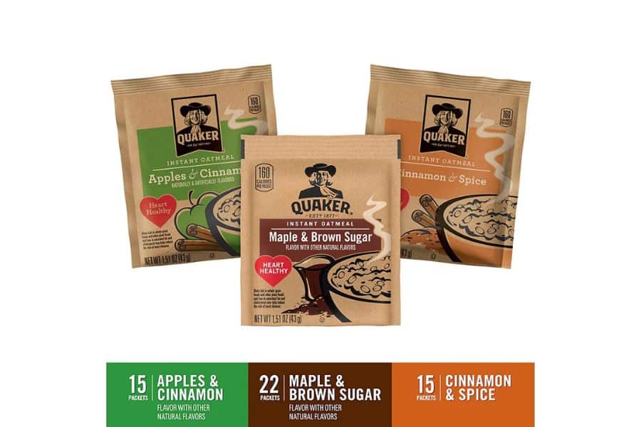 Packets of Quaker Instant Oatmeal in flavors Apples and Cinnamon, Maple and Brown Sugar, and Cinnamon and Spice. Flavored instant oatmeal can be one of the Breakfast Staples Triggering Inflammation when it contains added sugars and artificial flavoring.