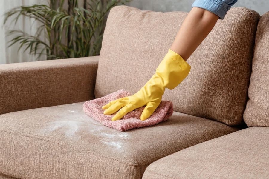 Hand in a yellow glove wiping a beige fabric couch with a pink cloth and cleaning powder. The cleaning scene reflects how products used on furniture may introduce harmful toxins into the home.