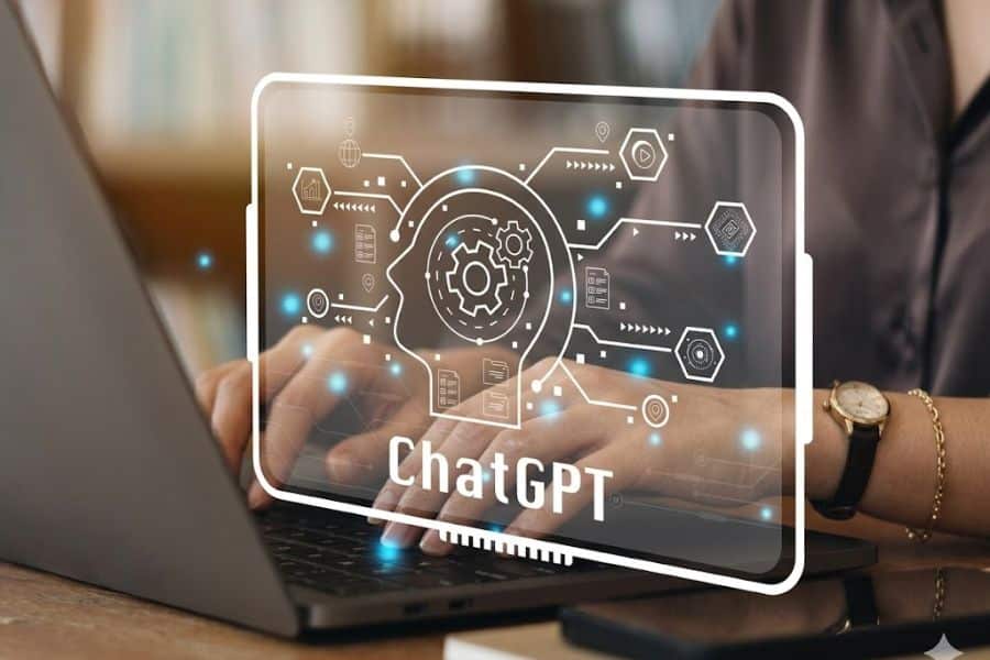 Person typing on a laptop with a transparent digital overlay showing a head made of gears and the word "ChatGPT." The concept style graphic suggests AI powered work or automation happening on the computer.