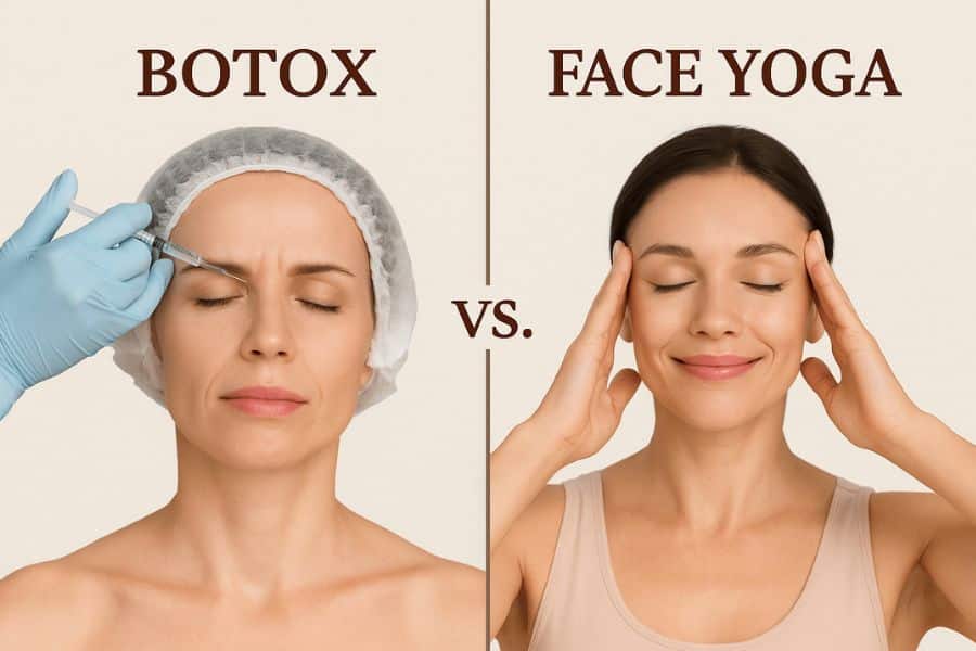 Side by side comparison showing a woman receiving a forehead injection under the heading "BOTOX" and a woman gently pressing her temples with both hands under the heading "FACE YOGA" with "VS." between them. The graphic contrasts Botox with facial yoga as two different approaches to facial care and wrinkle treatment.