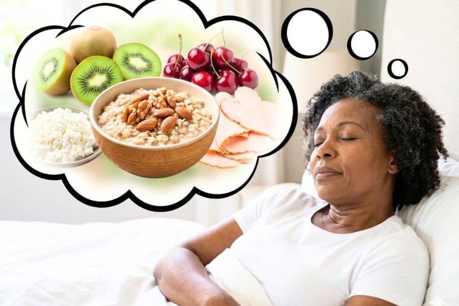 Woman resting in bed with her eyes closed while a thought bubble shows a bowl of oatmeal topped with nuts alongside cottage cheese kiwi cherries and sliced turkey. This collage illustrates foods you should eat when the article is discussing sleep friendly snacks or bedtime nutrition.