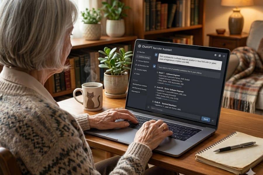 Older woman using a laptop at a cozy desk with a mug, notebook, and houseplants nearby. The screen shows a ChatGPT recruiting assistant interface, suggesting ChatGPT is being used to review or organize job candidates from home.