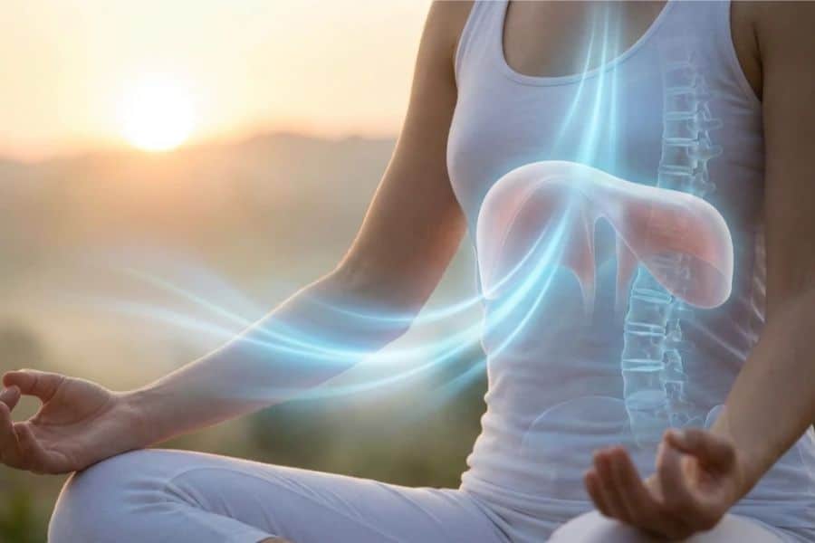 Person sitting cross legged outdoors at sunrise with hands resting on their knees during a meditation pose. A glowing medical style overlay highlights the torso and spine to suggest breathing or internal body awareness related to joint stiffness.