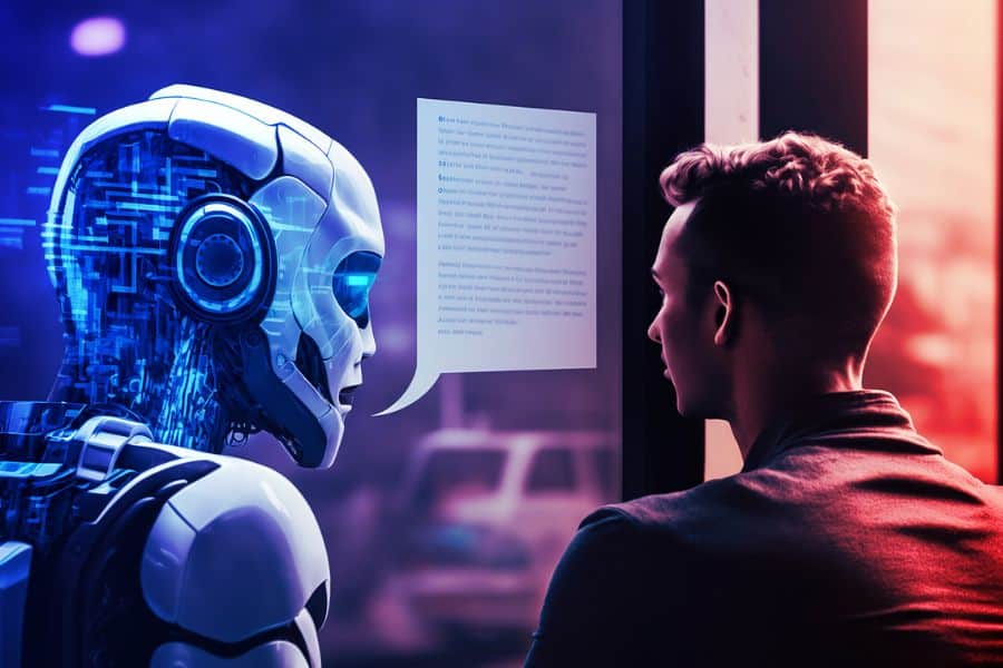 Futuristic robot faces a man beside a window with a speech bubble between them in a blue and pink lit scene. It works for work from home jobs content about AI tools or virtual communication in remote work.