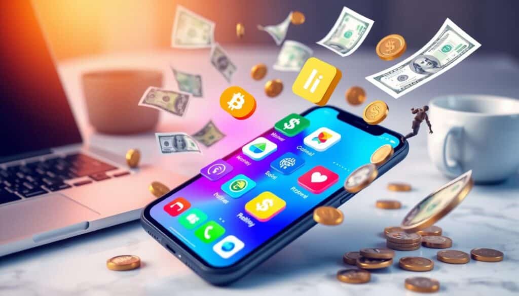 Smartphone displaying colorful finance and payment app icons on a desk beside a laptop and coffee mug while dollar bills and gold coins appear to fly around it. This conceptual illustration represents Apps That Earn You Money by showing mobile tools for cashback investing and digital payments in a modern work from home setting.
