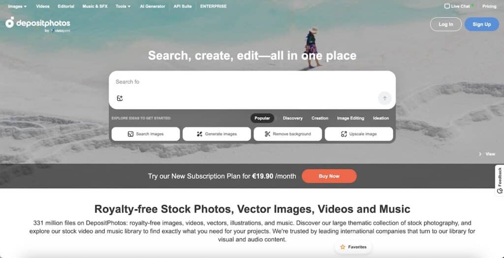 Screenshot of the Depositphotos homepage with a pale aerial beach background and a small person walking near the top of the page. Visible text includes "depositphotos by vistaprint." "Images" "Videos" "Editorial" "Music and SFX" "Tools" "AI Generator" "API Suite" "ENTERPRISE" "Live Chat" "Pricing" "Log In" "Sign Up" "Search, create, edit. all in one place" "Search fo" "EXPLORE IDEAS TO GET STARTED:" "Popular" "Discovery" "Creation" "Image Editing" "Ideation" "Search images" "Generate images" "Remove background" "Upscale image" "Try our New Subscription Plan for €19.90 month" "Buy Now" "Royalty free Stock Photos, Vector Images, Videos and Music" and "331 million files on DepositPhotos: royalty free images, videos, vectors, illustrations, and music. Discover our large thematic collection of stock photography, and explore our stock video and music library to find exactly what you need for your projects. We’re trusted by leading international companies that turn to our library for visual and audio content."