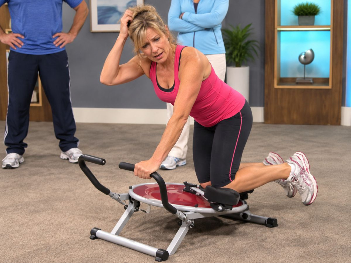 A woman in pink and black workout clothes kneels on a compact exercise machine while gripping its handles and touching her head. Two people stand behind her as she demonstrates one of several home fitness products in a living room style workout setting.