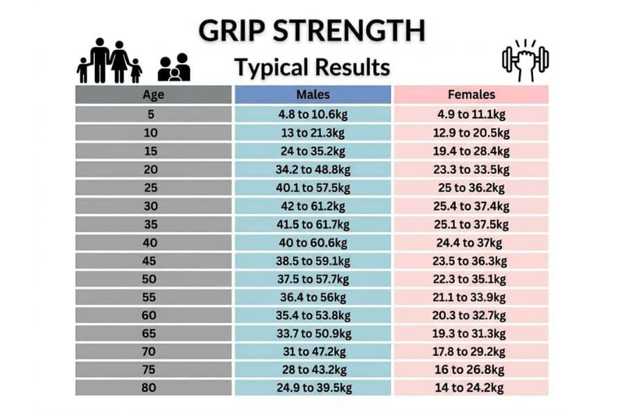 Infographic titled "GRIP STRENGTH Typical Results" showing a table of average grip strength by age for males and females. The chart reads "Age. Males. Females. 5. 4.8 to 10.6kg. 4.9 to 11.1kg. 10. 13 to 21.3kg. 12.9 to 20.5kg. 15. 24 to 35.2kg. 19.4 to 28.4kg. 20. 34.2 to 48.8kg. 23.3 to 33.5kg. 25. 40.1 to 57.5kg. 25 to 36.2kg. 30. 42 to 61.2kg. 25.4 to 37.4kg. 35. 41.5 to 61.7kg. 25.1 to 37.5kg. 40. 40 to 60.6kg. 24.4 to 37kg. 45. 38.5 to 59.1kg. 23.5 to 36.3kg. 50. 37.5 to 57.7kg. 22.3 to 35.1kg. 55. 36.4 to 56kg. 21.1 to 33.9kg. 60. 35.4 to 53.8kg. 20.3 to 32.7kg. 65. 33.7 to 50.9kg. 19.3 to 31.3kg. 70. 31 to 47.2kg. 17.8 to 29.2kg. 75. 28 to 43.2kg. 16 to 26.8kg. 80. 24.9 to 39.5kg. 14 to 24.2kg."
