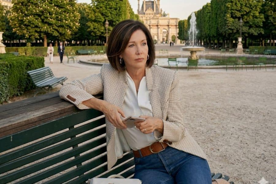 A French woman sat on a bench in a park in Paris holding a mobile phone